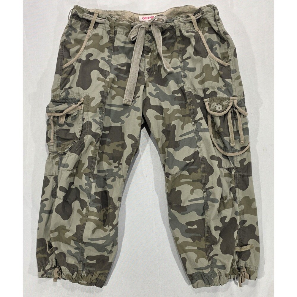 Y2K Dear AB Camo Cargo Capris Womens 16 Green Drawstring Pants Grunge Streetwear